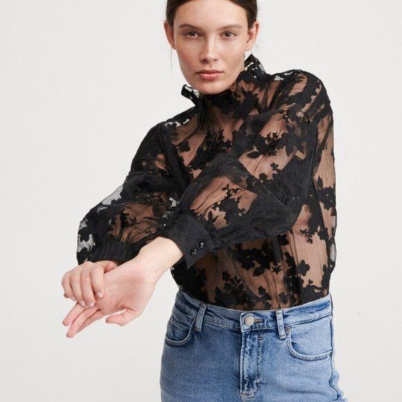 Vintage Kaktus Black Floral Sheer Blouse Mini Front Button Up Bell Sleeve Witchy - Picture 1 of 12